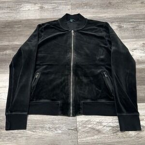 Lauren Ralph Lauren Black Gray Womens L‎ Zip Stand Up Collar Velour Track Jacket